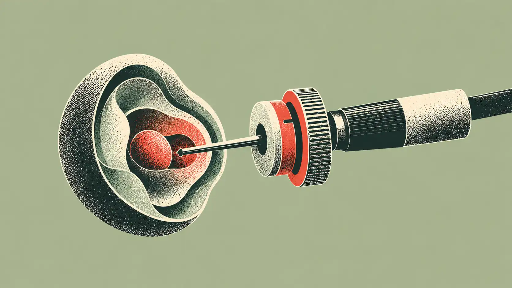 Abstract embryo-like form beside a precision editing tool with an adjustable depth stop.