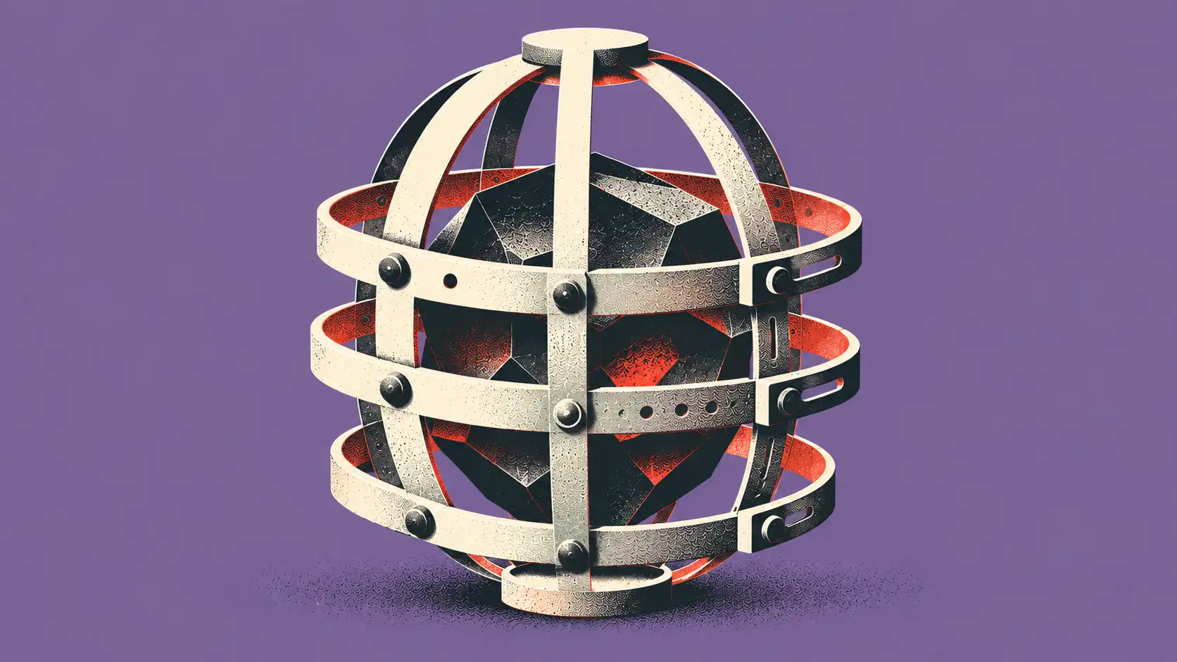 Abstract dark geometric AI core enclosed by adjustable bands on a purple background.