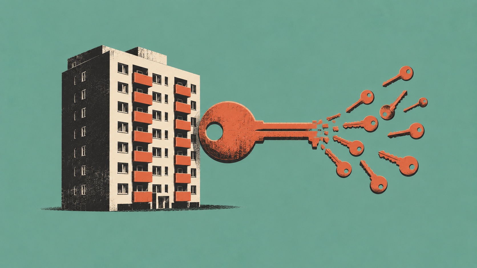 Illustration eines Wohnblocks mit einem großen Schlüssel, der sich in mehrere kleinere Schlüssel teilt.