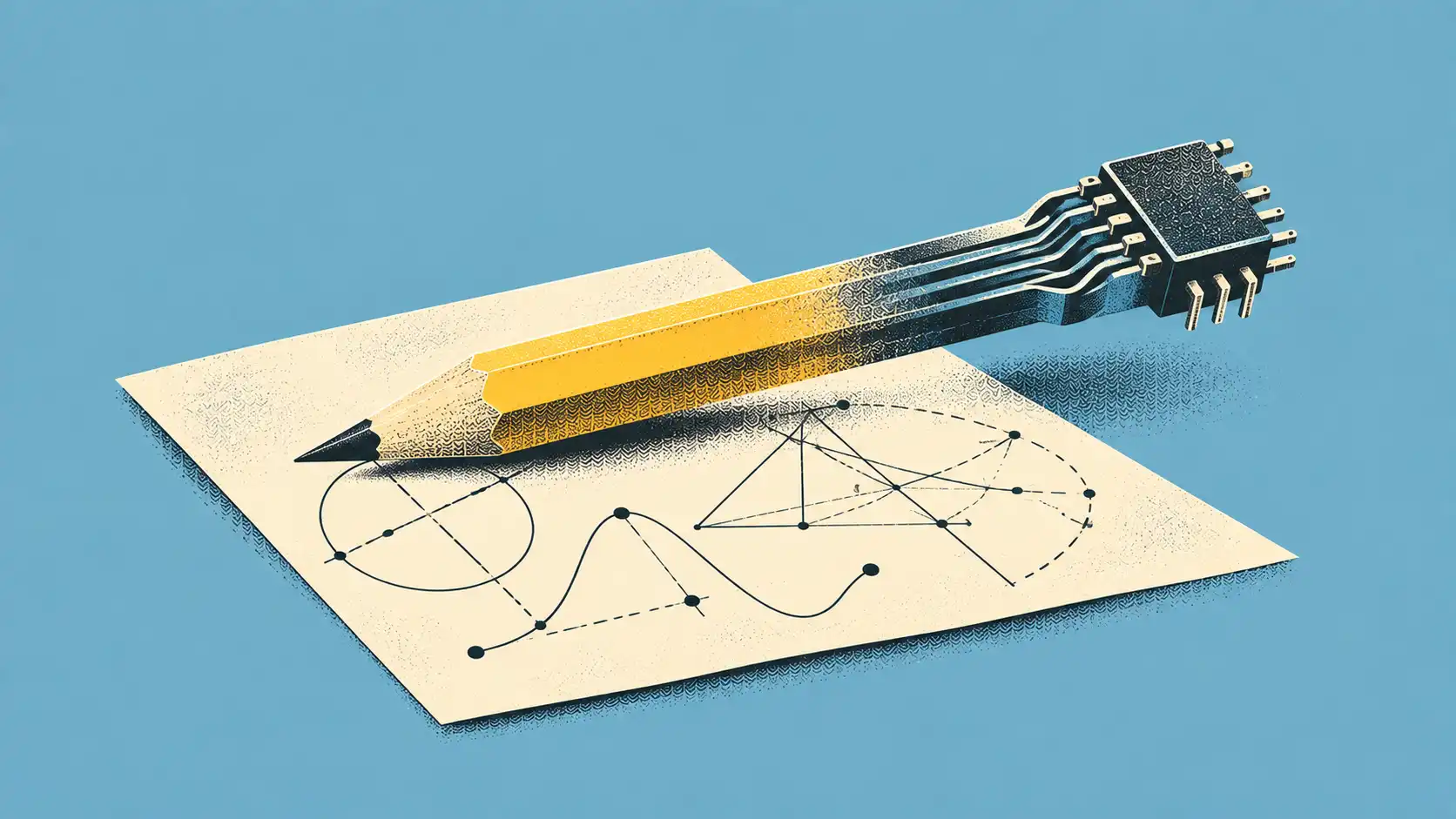 Illustration einer mathematischen Beweisseite mit einem hybriden Schreibwerkzeug aus Bleistift und Computerchip