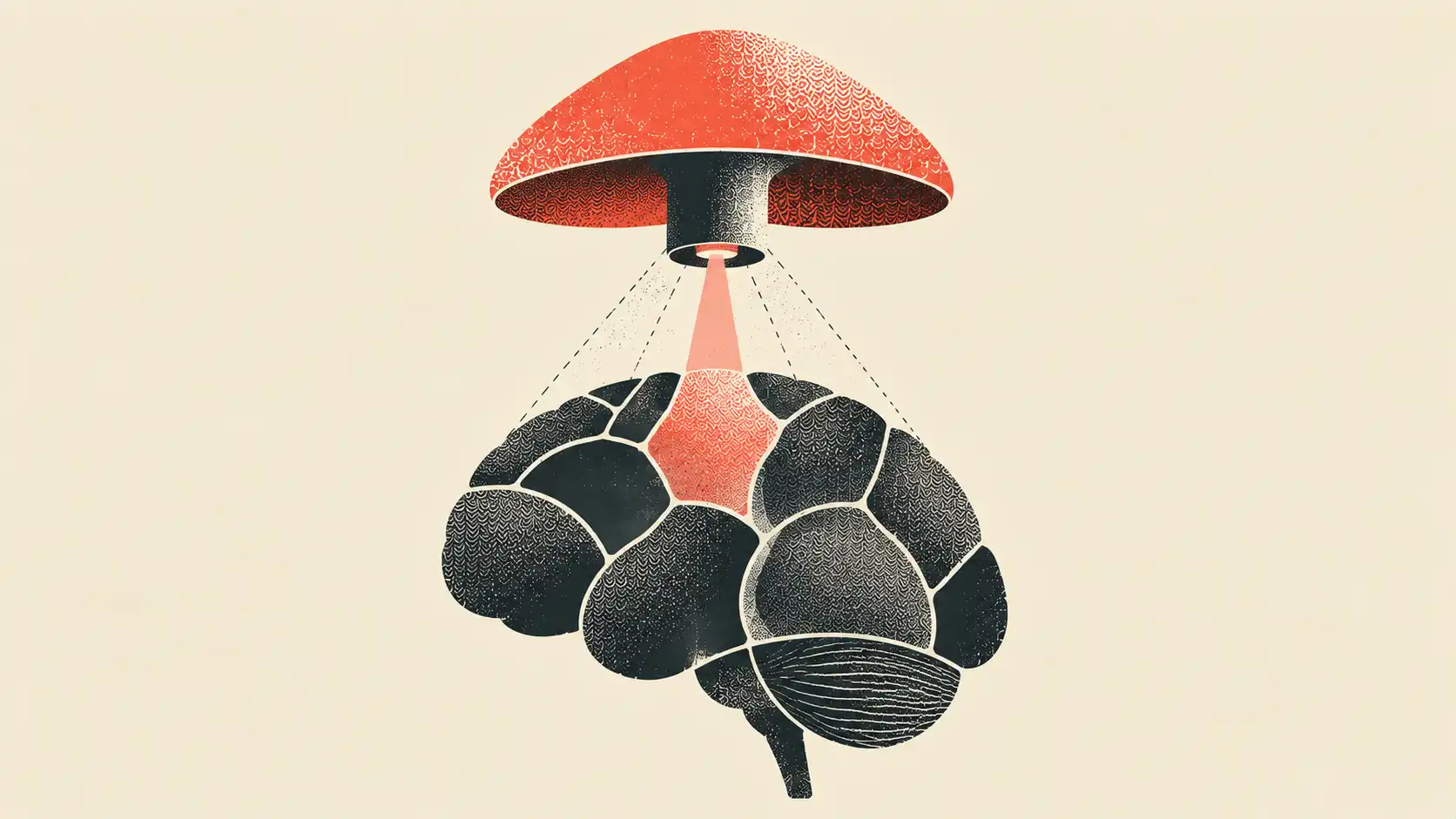 Red mushroom projecting a beam onto one segment of a stylized black brain.